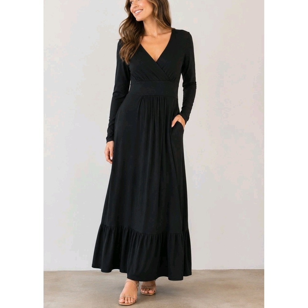 Yesfashion Black Maxi Dress Long Sleeve V Neck Pockets Side Zip Stretch Size M